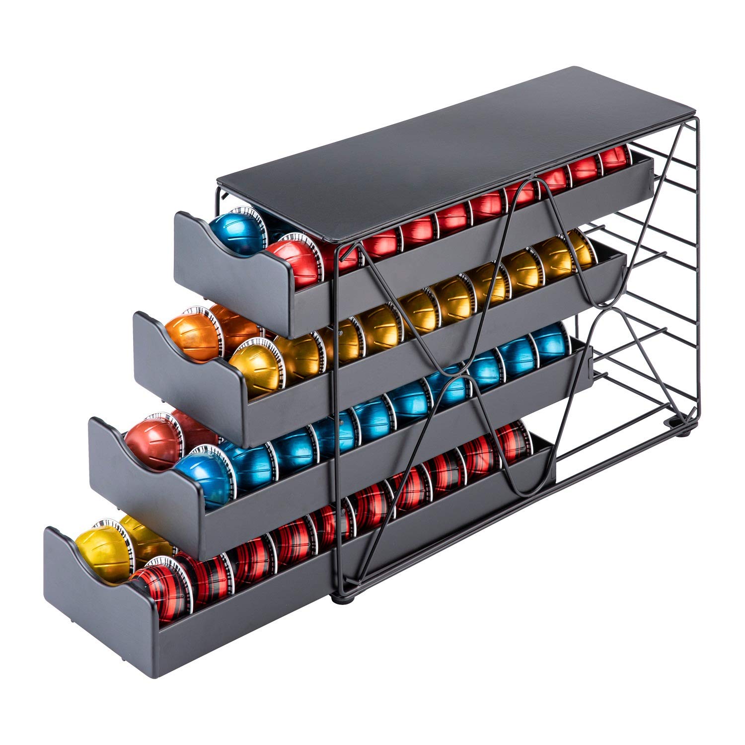 FlagShip Nespresso pod drawer four-tier setup neatly organizes flavors for easy selection.