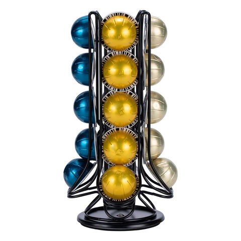 FlagShip pod carousel stand in small size fits on cluttered counters.