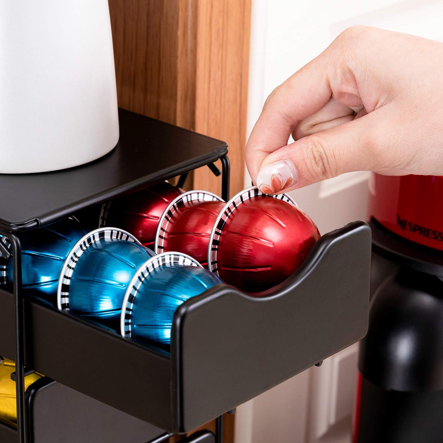 Space-saving FlagShip coffee station organizes pods and keeps counters tidy.