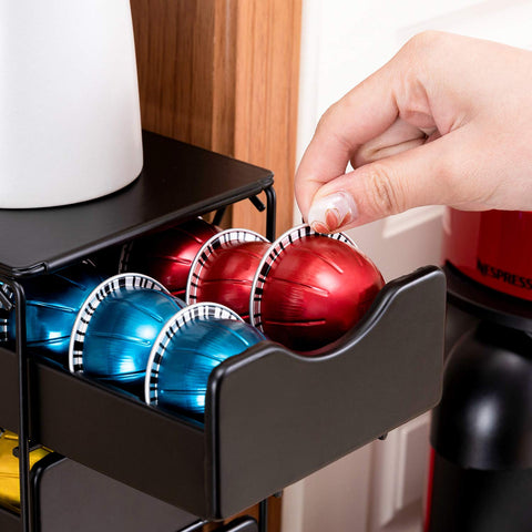 Space-saving FlagShip coffee station organizes pods and keeps counters tidy.