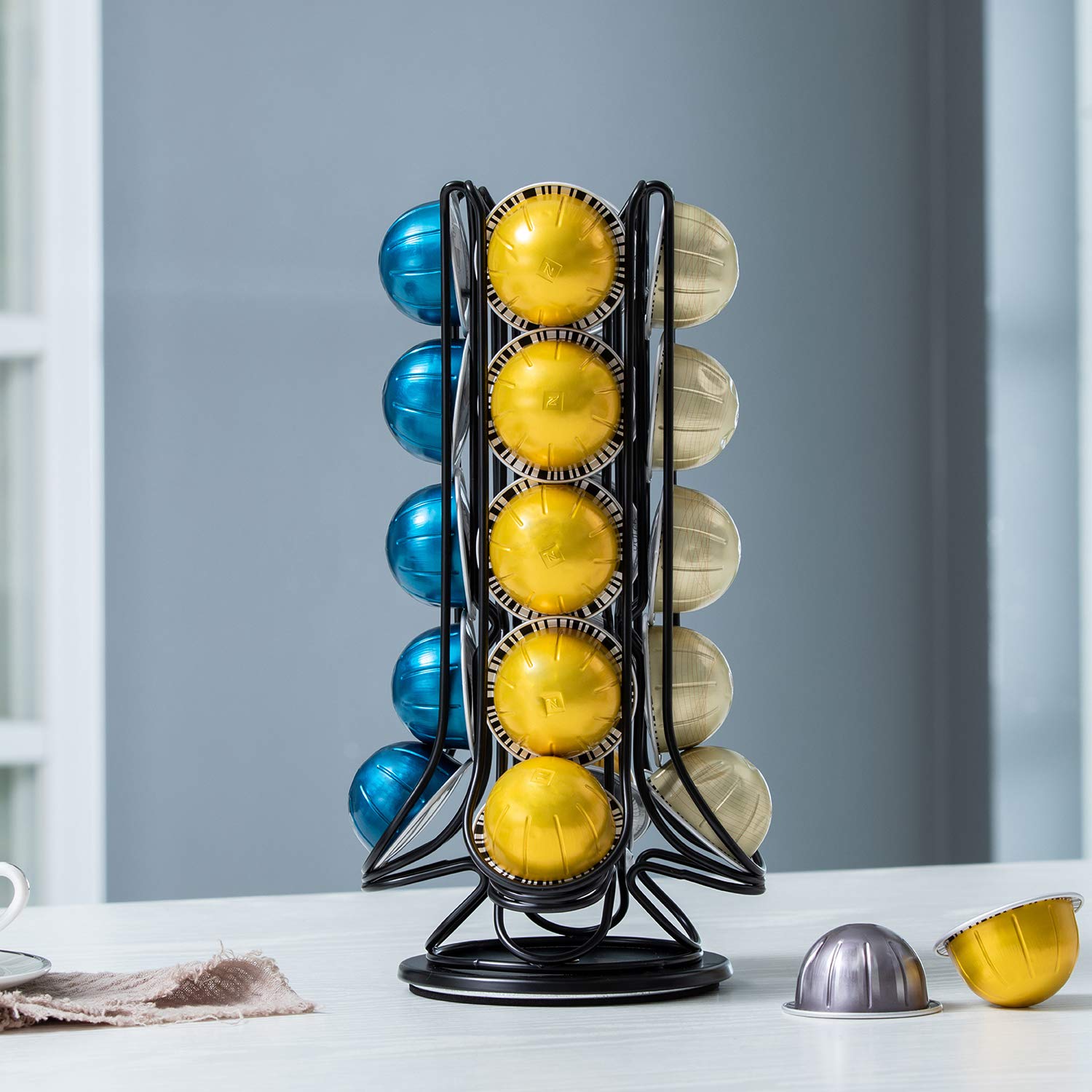 FlagShip Pod Holder saves counter space while organizing VertuoLine capsules.