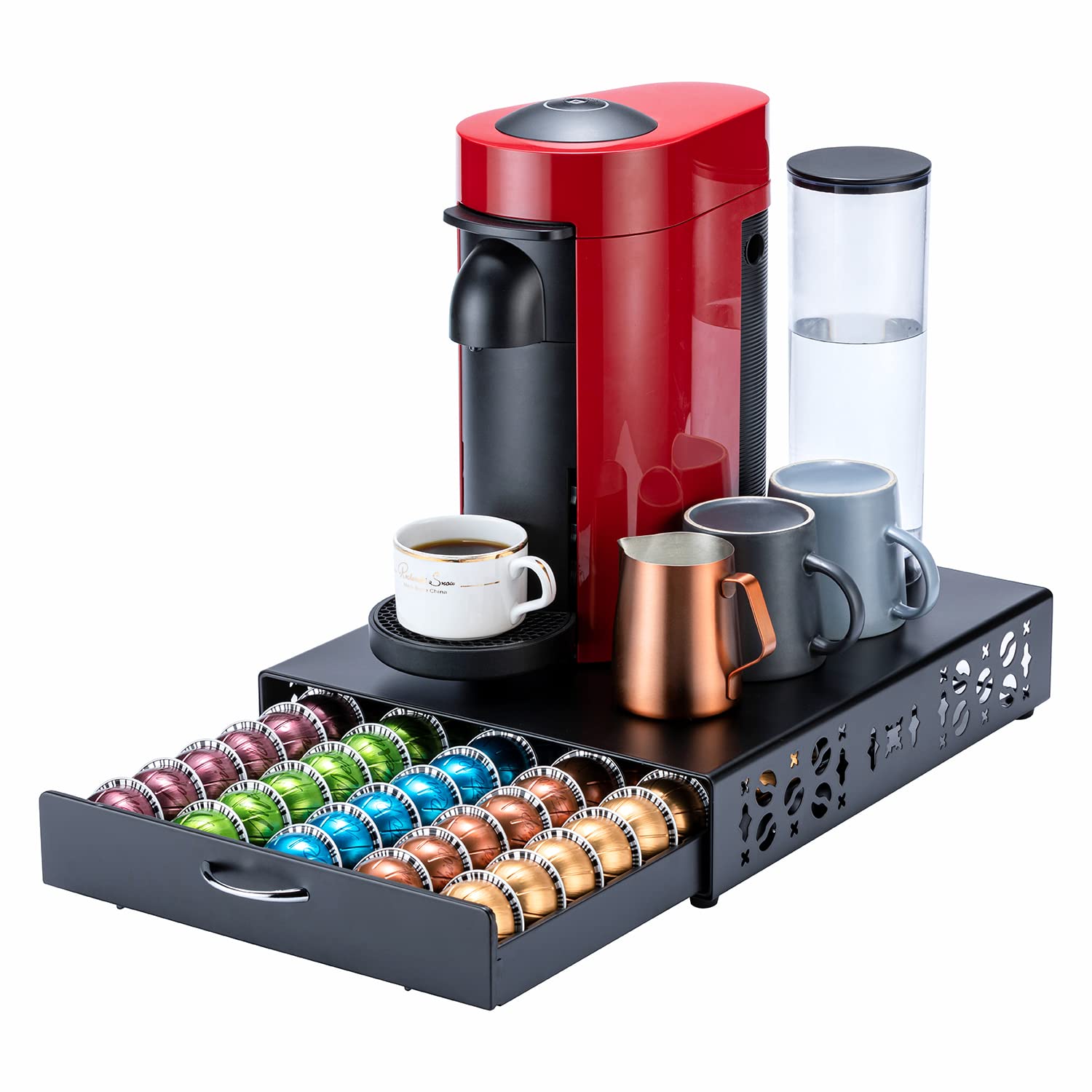 FlagShip Vertuo Pod Holder front view showing 50-pod capacity for organized coffee