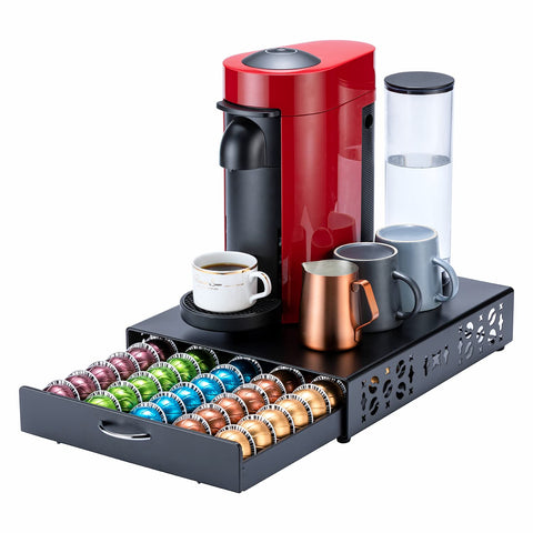 FlagShip Vertuo Pod Holder front view showing 50-pod capacity for organized coffee