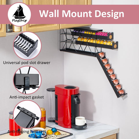 FlagShip wall-mount Vertuo pod storage saves counter space.