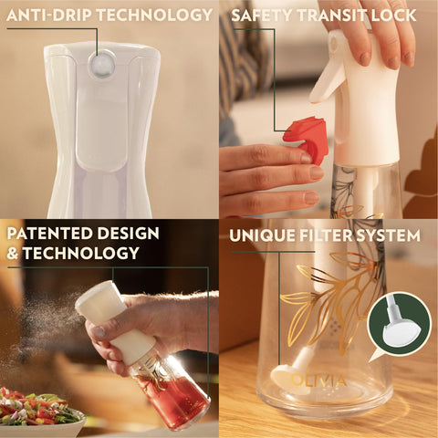 FLAIROSOL OLIVIA leakproof trigger design helps prevent spills during grilling.