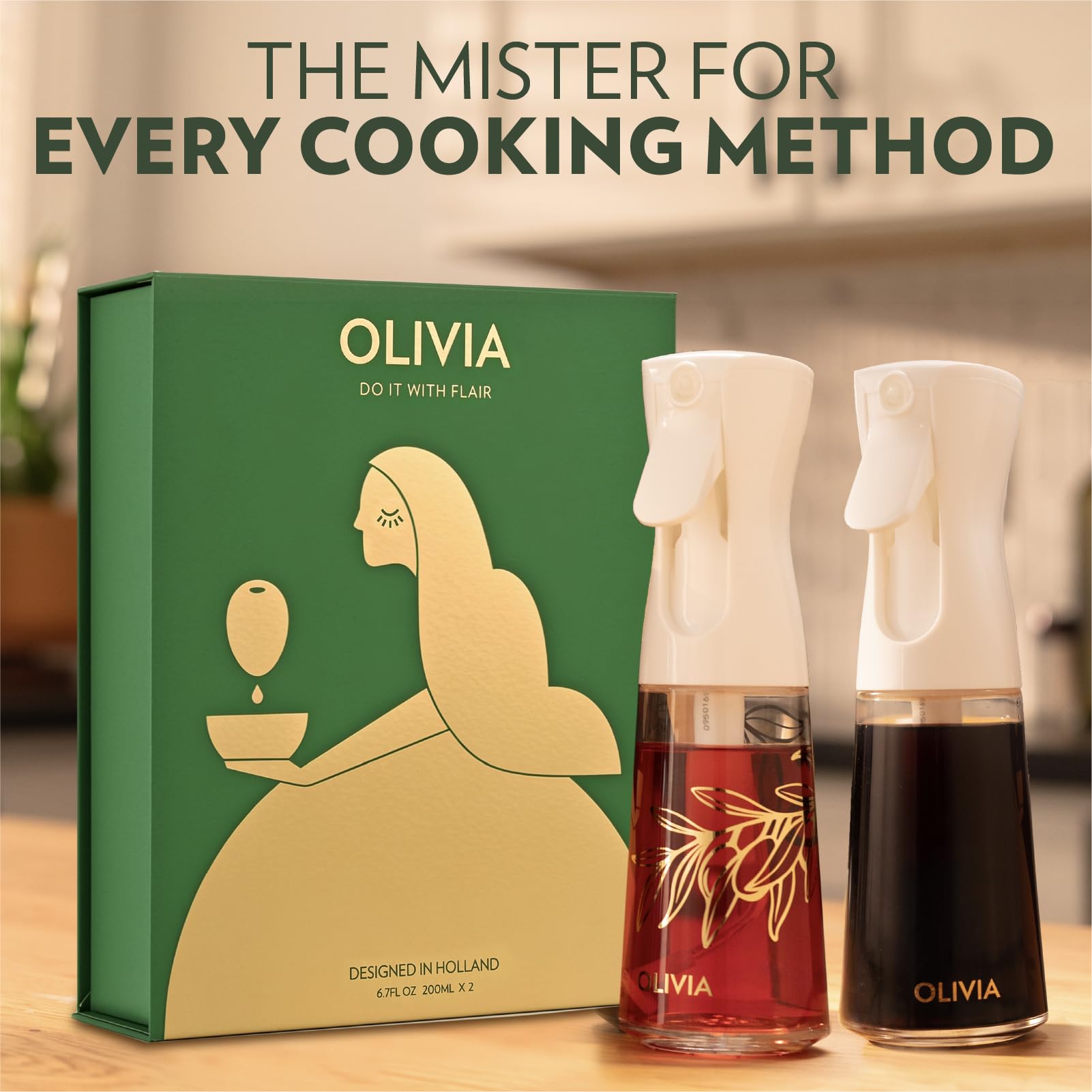 FLAIROSOL OLIVIA two-pack bottles ready for versatile kitchen use and portable outdoor cooking.