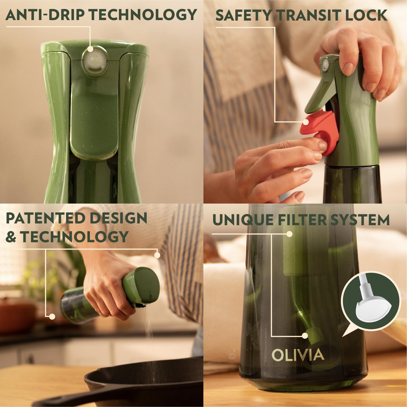 Wide-mouth opening allows quick, clean refills for the Olivia oil sprayer.