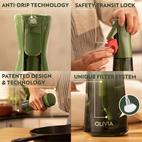 Wide-mouth opening allows quick, clean refills for the Olivia oil sprayer.