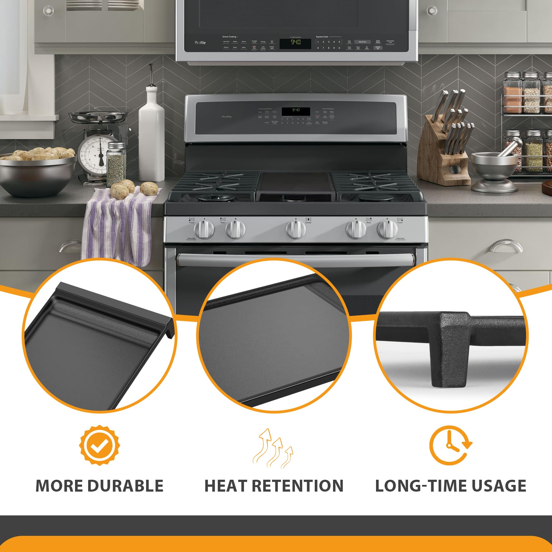 FlameDuty WB31X24998 griddle close‑up highlighting durable cast iron