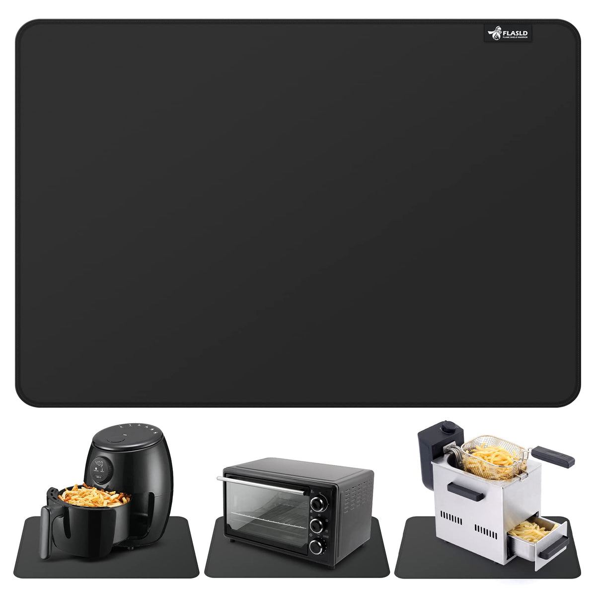 FLASLD heat-resistant mat placed under an air fryer to protect countertops.