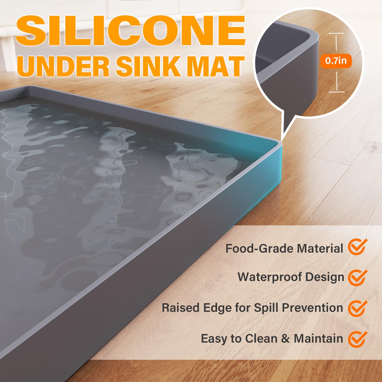 FLATO silicone kitchen sink mat with waterproof, oil-resistant surface protects counters.