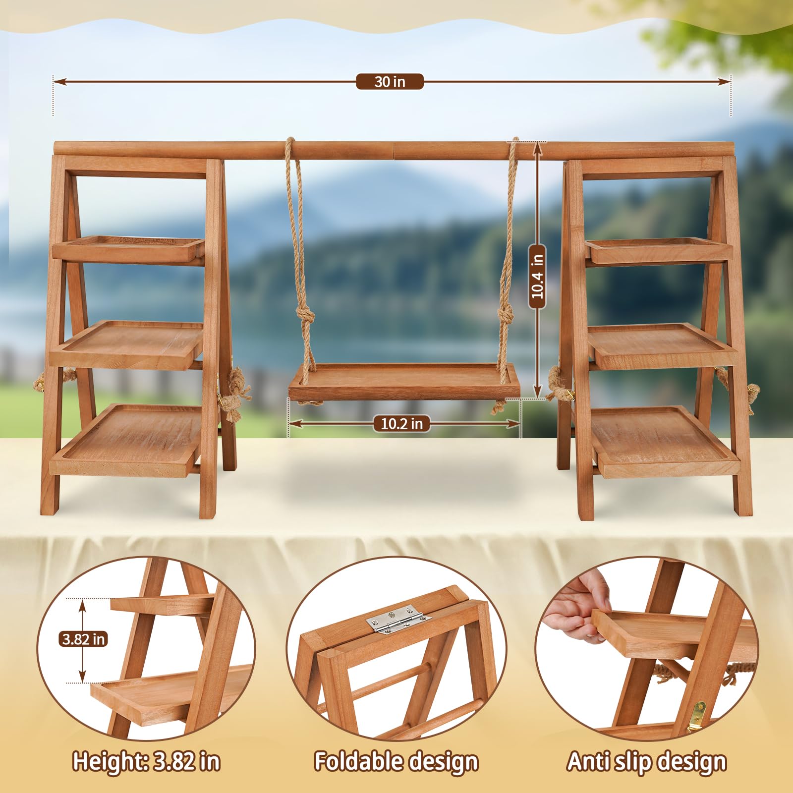 Flenpptly wooden dessert display provides elegant tiered serving for weddings.