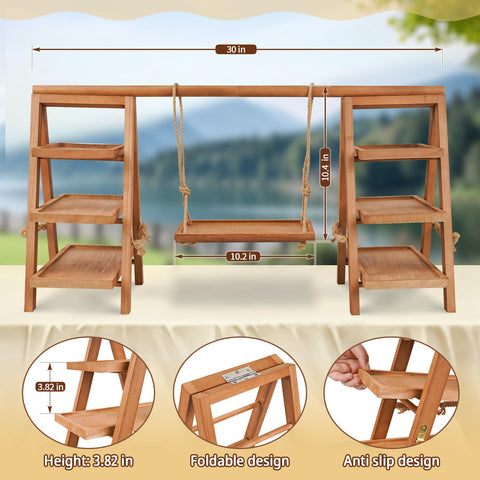 Flenpptly wooden dessert display provides elegant tiered serving for weddings.