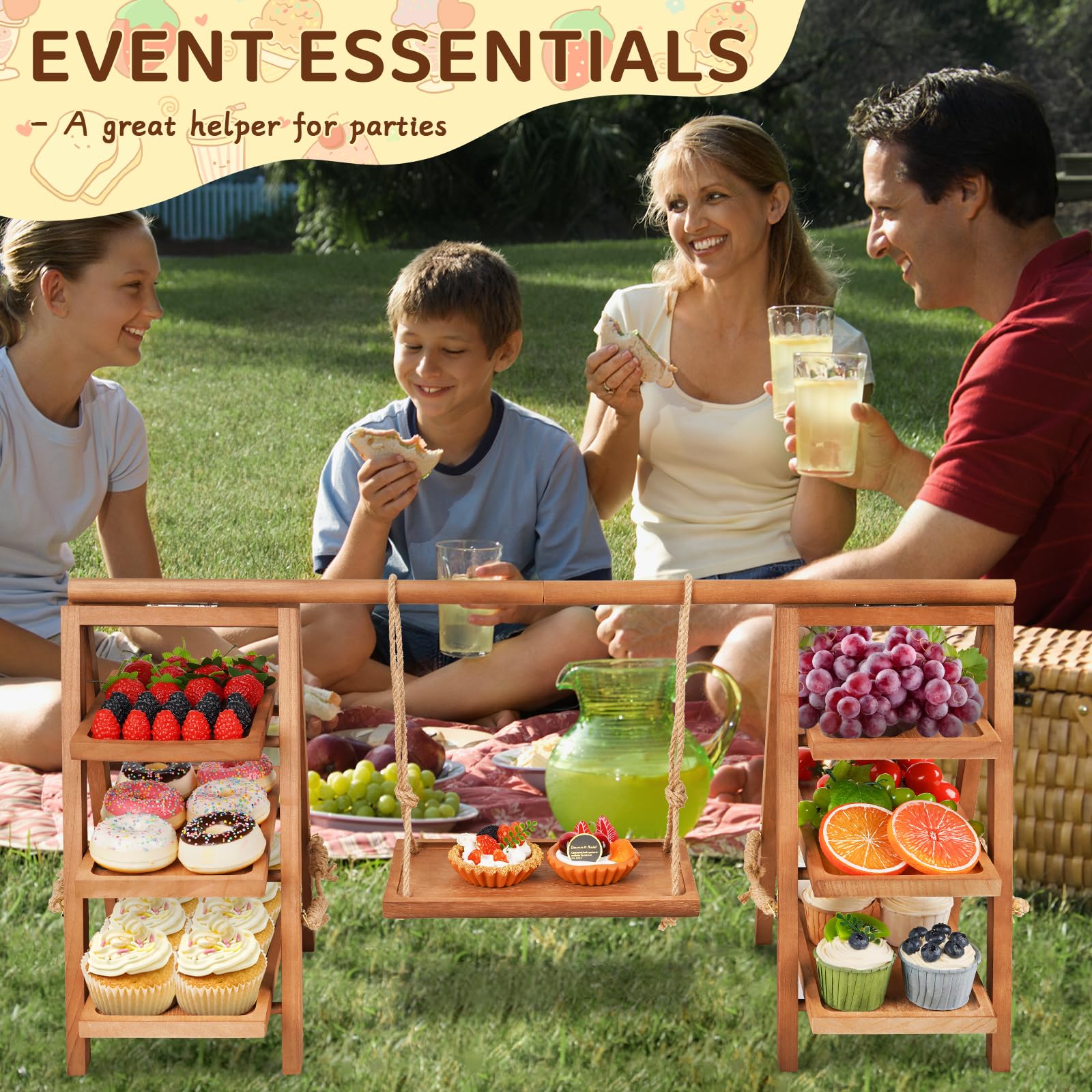 Flenpptly 3-tier wooden serving tray keeps sweets visible and accessible at parties.