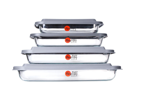 FlexiTuff Glass 1qt rectangular bakeware shines in the oven for even baking.