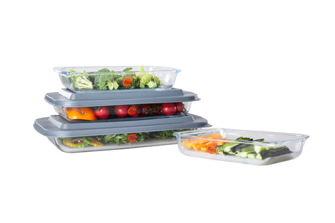 FlexiTuff Glass 2-3qt bakeware preserves flavors with airtight lids for meal prep.