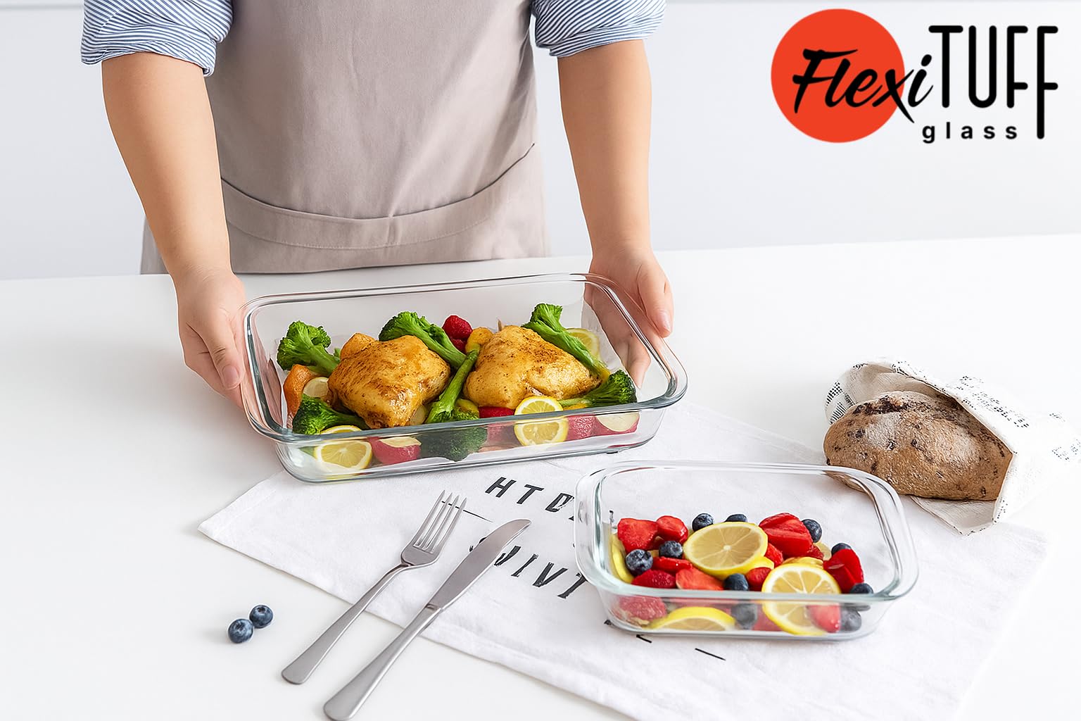 FlexiTuff Glass 3-2qt bakeware handles reheating and storage with style.