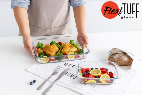 FlexiTuff Glass 3-2qt bakeware handles reheating and storage with style.