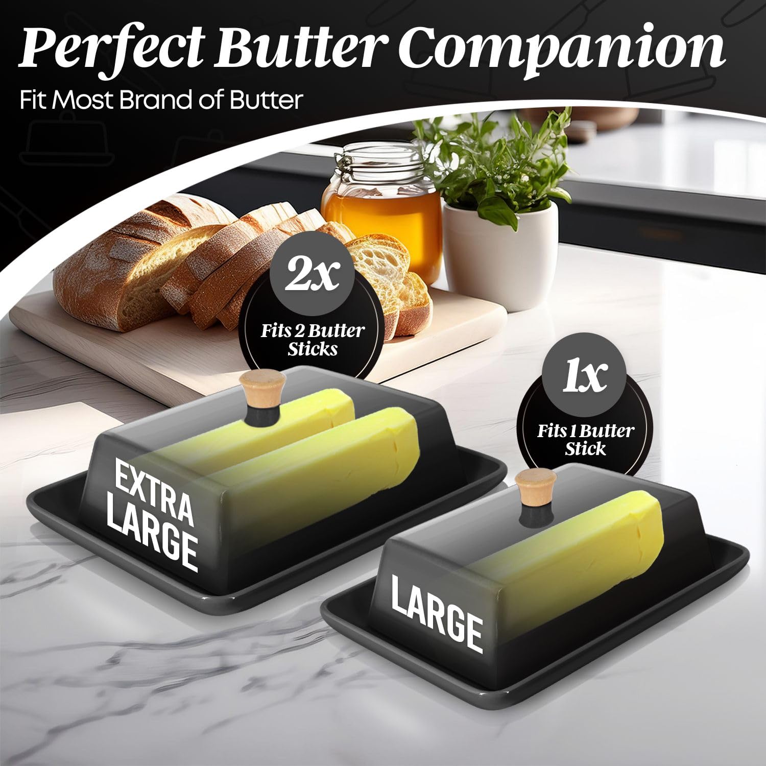Flexzion black porcelain butter dish close-up highlighting sleek finish.