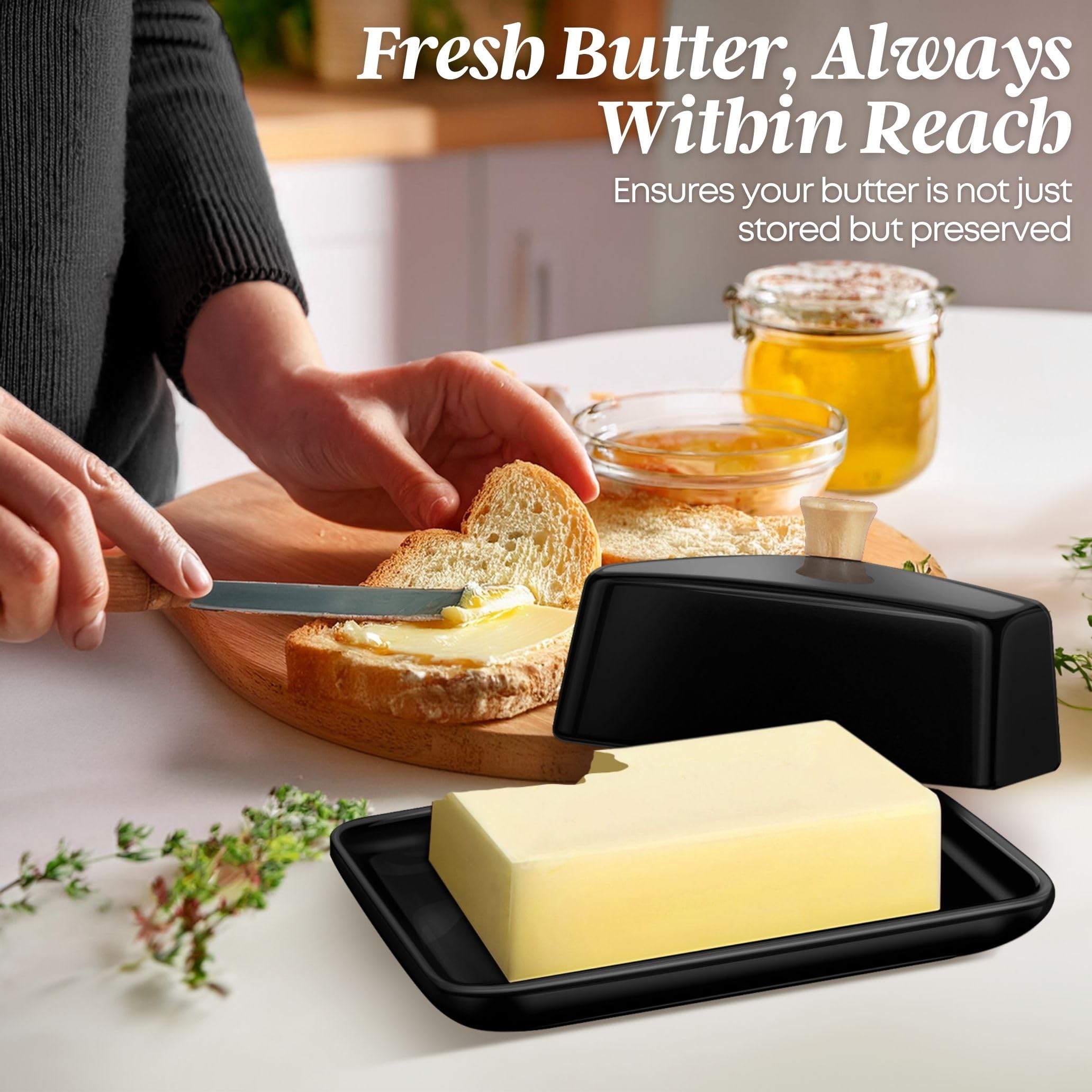 Flexzion butter dish shows two-stick holder for neat butter storage.