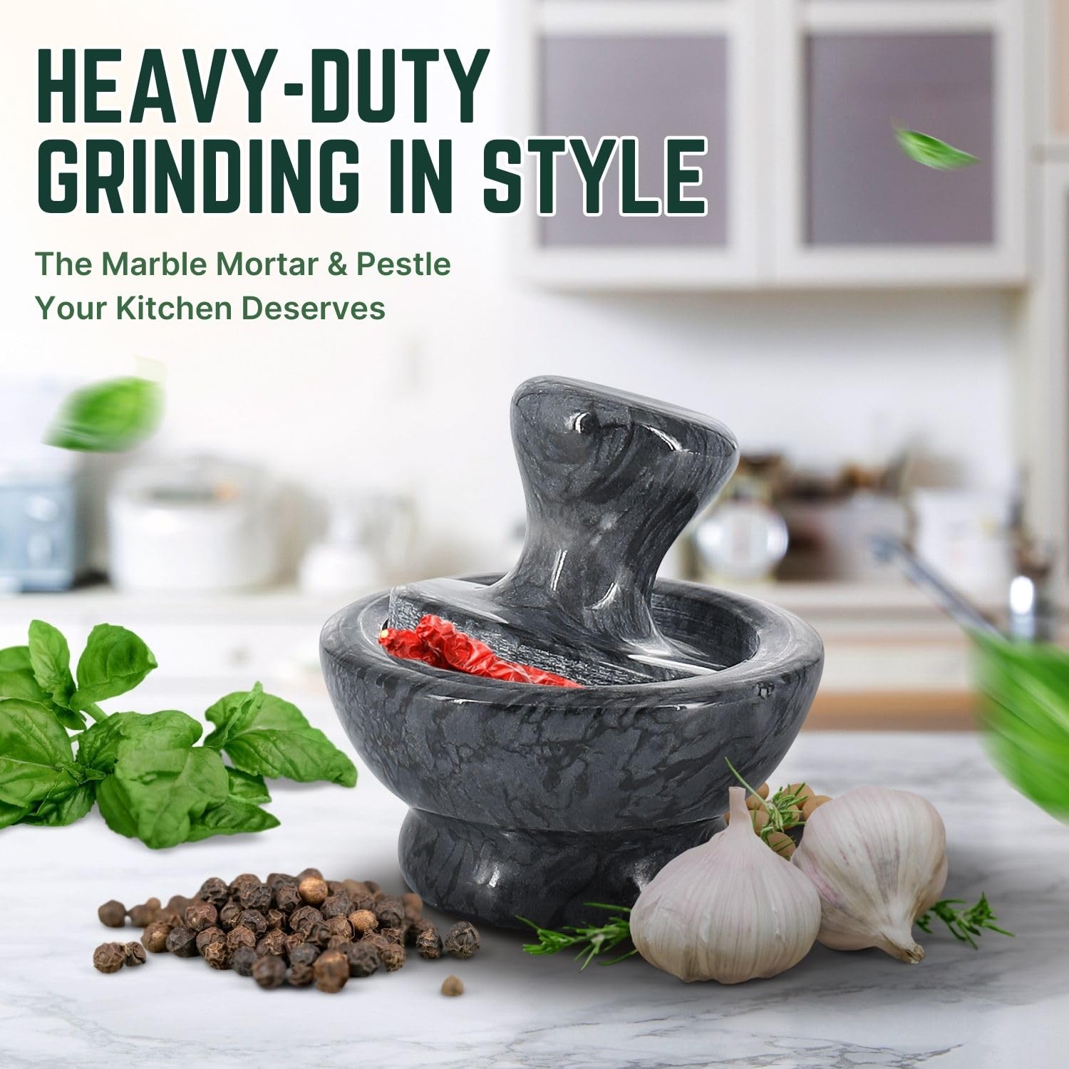 Flexzion marble mortar and pestle compact 4-inch for fresh herb blends.