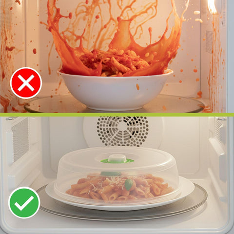 Flexzion 8-inch plate cover protects plates during reheating with a transparent view