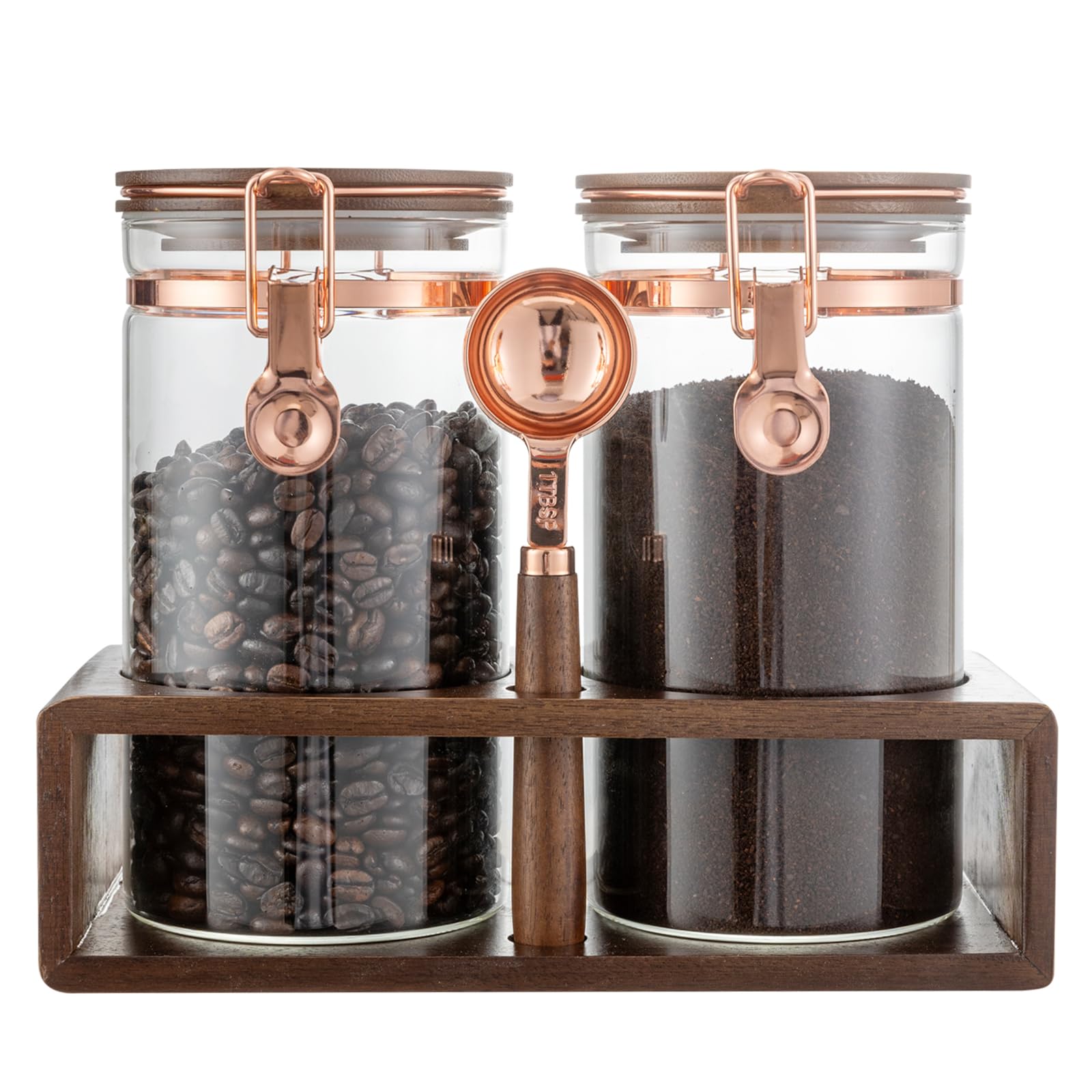 Flmeyaza glass coffee canister set with rose-gold latch for fresh storage.
