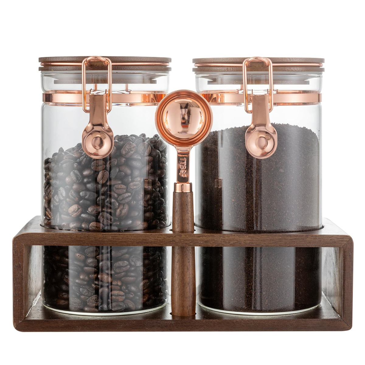 Flmeyaza glass coffee canister set with rose-gold latch for fresh storage.