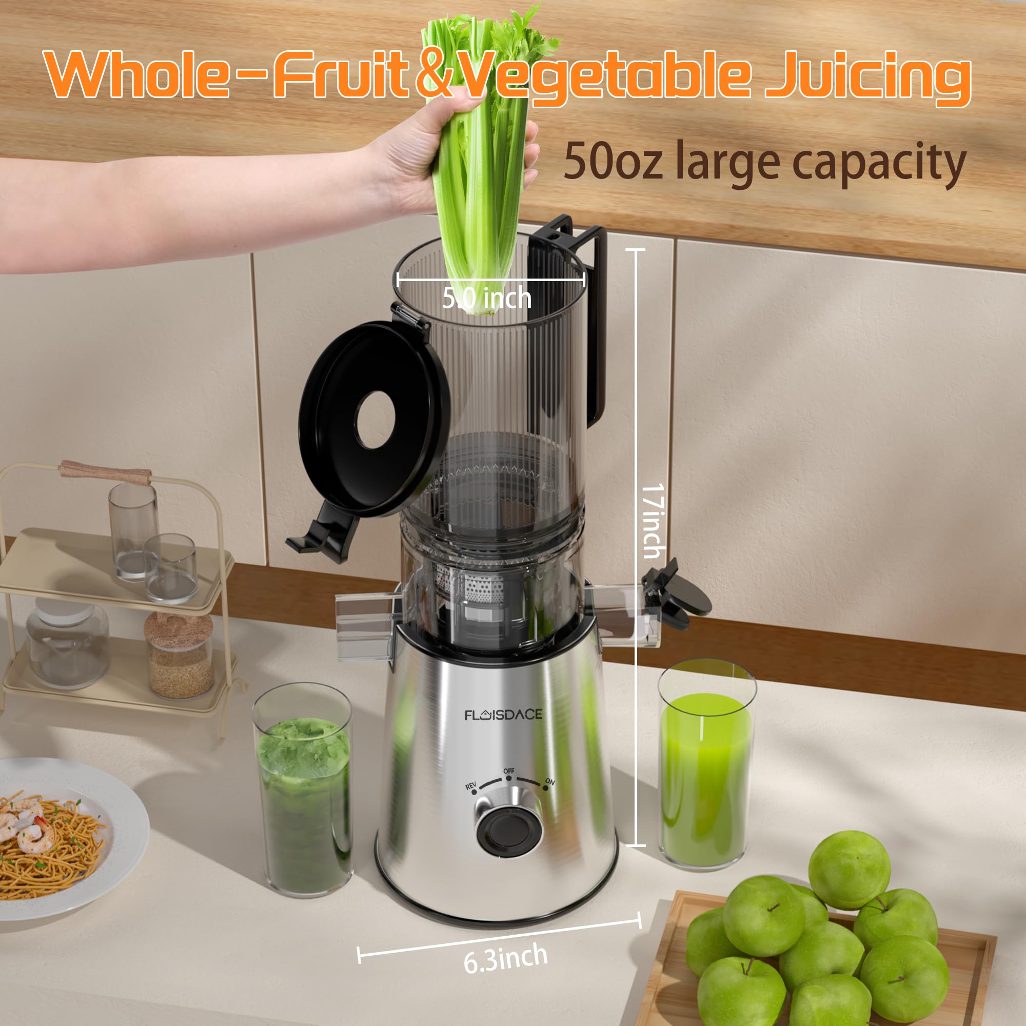 Floisdace 350W motor delivers steady juice extraction with smooth pulp