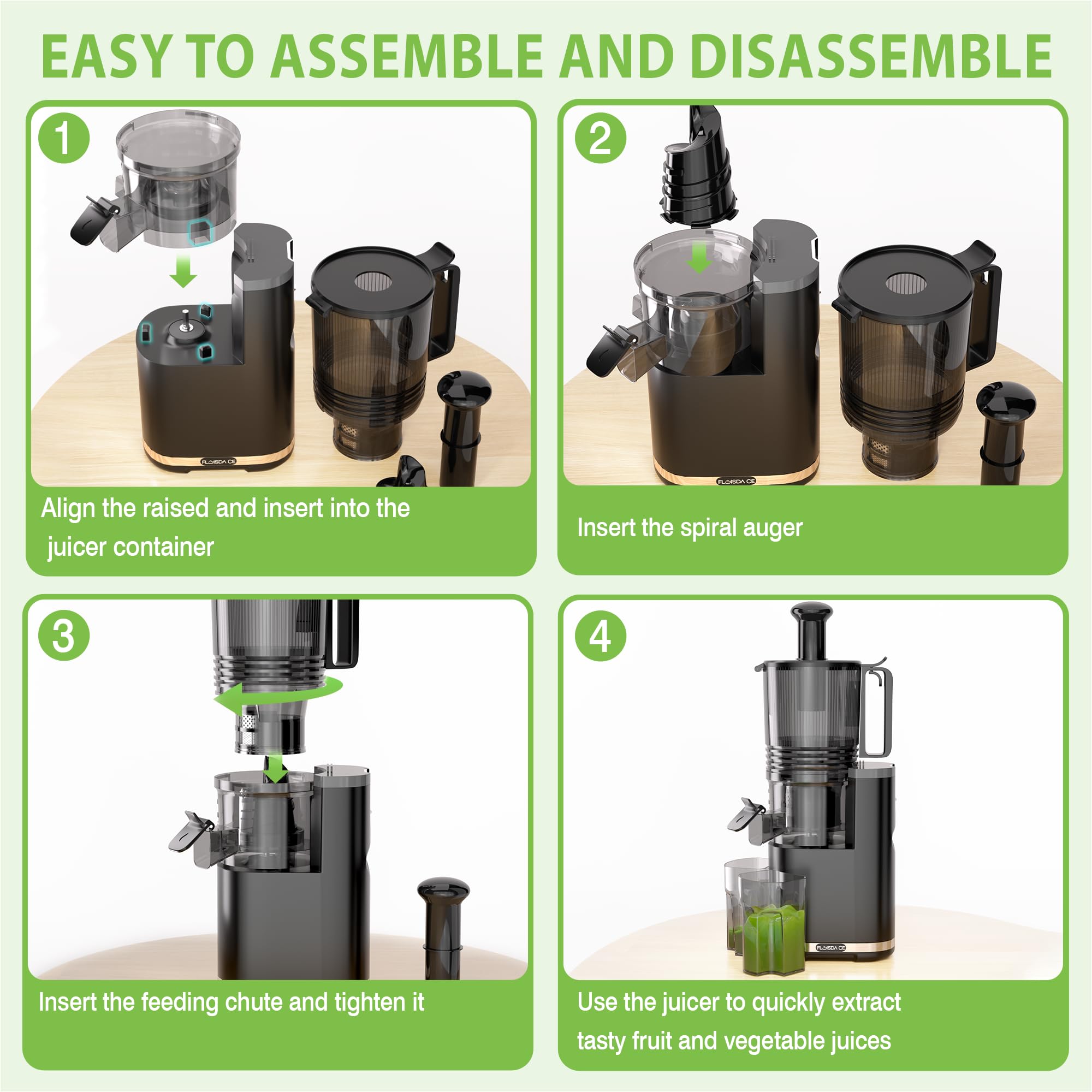 Floisdace 350W motor delivers high juice yield with efficient extraction.