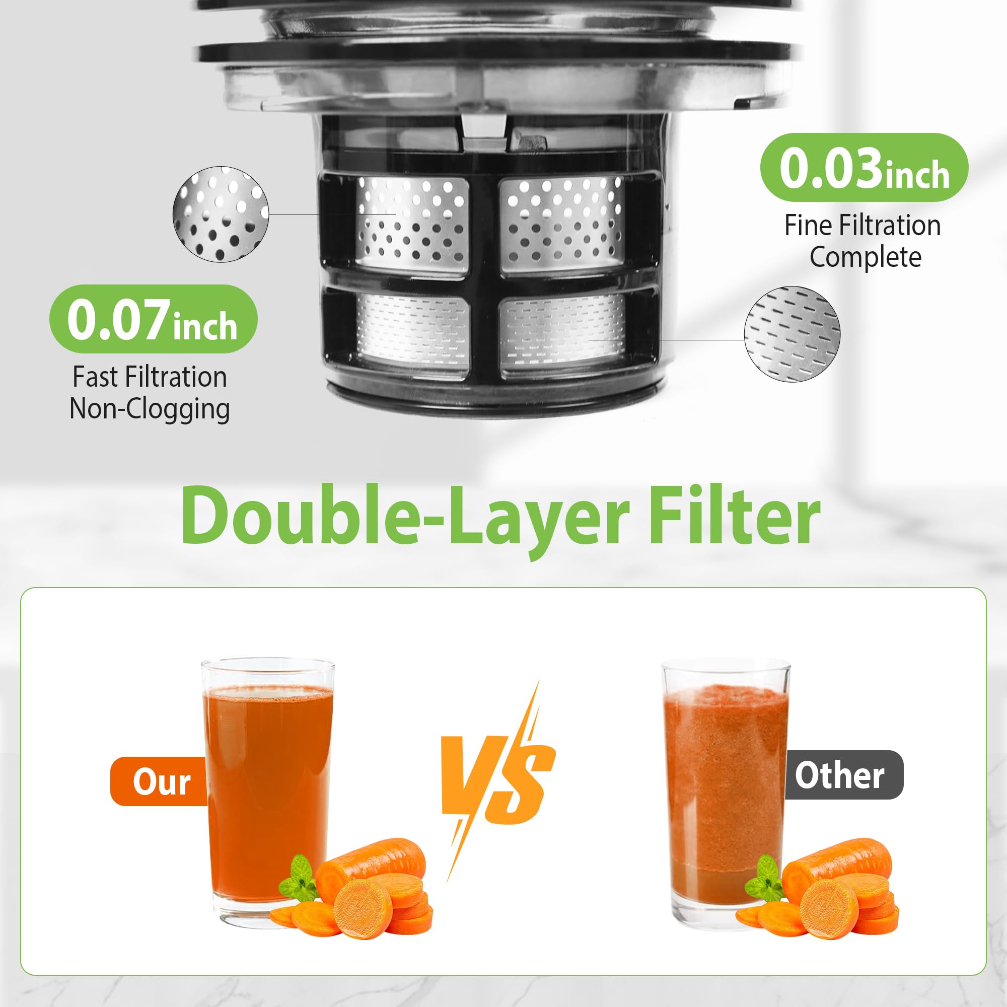 Floisdace stainless steel dual-layer filter creates smoother juice with less sediment.