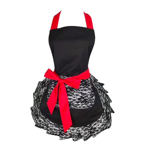 Floosum black lace apron with pocket for stylish cooking and easy access.