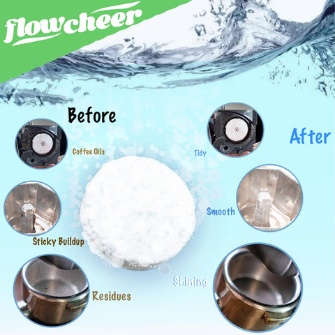 Flowcheer deep cleaning action tablet dissolves mineral buildup inside machines.