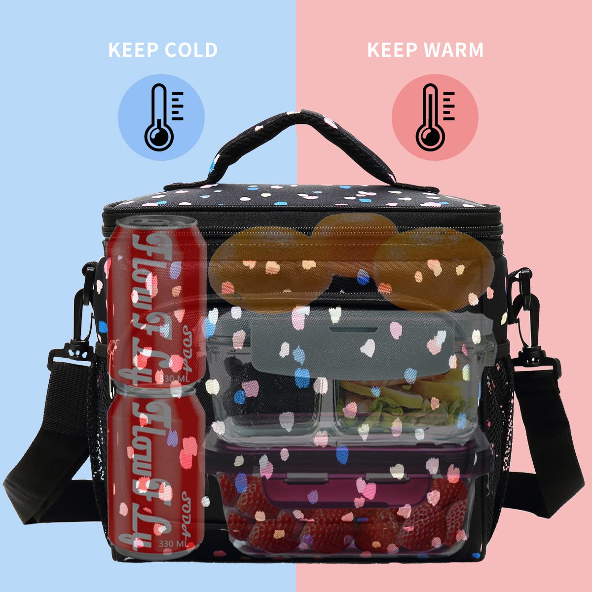 FlowFly insulated lunch bag with dual mesh side pockets keeps drinks and snacks within reach.