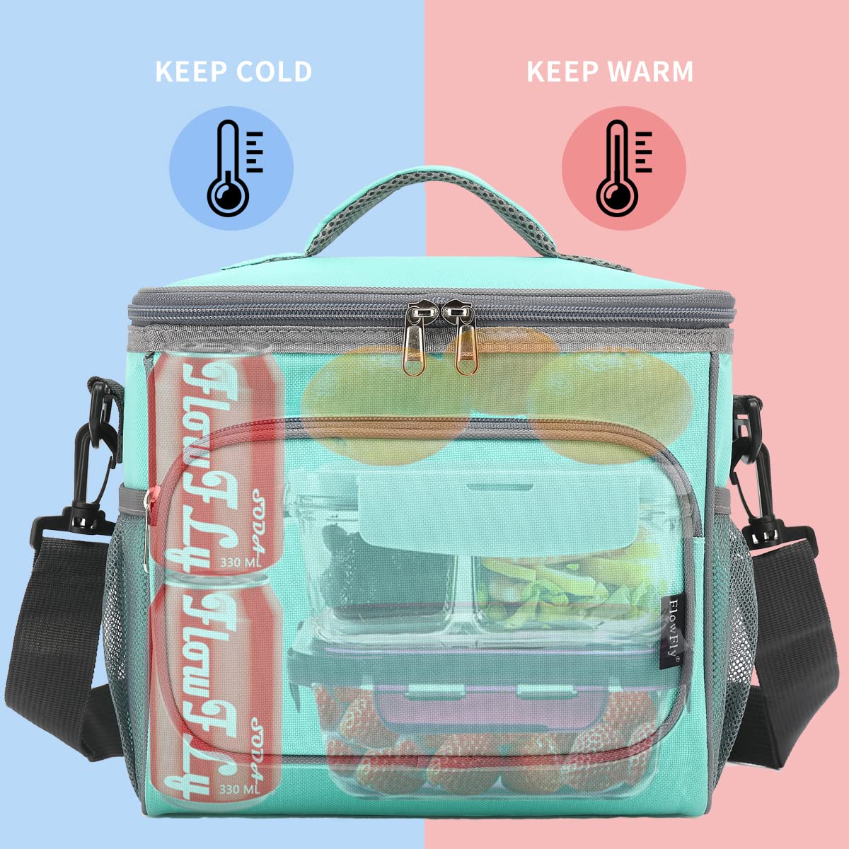 FlowFly Jade lunch bag with dual mesh side pockets holds water bottles securely.