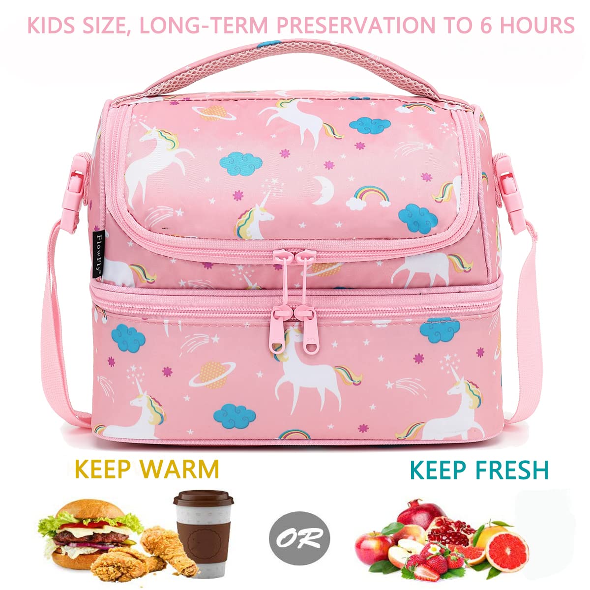 FlowFly Kids Double Decker Cooler top compartments showing separated snack and fruit storage