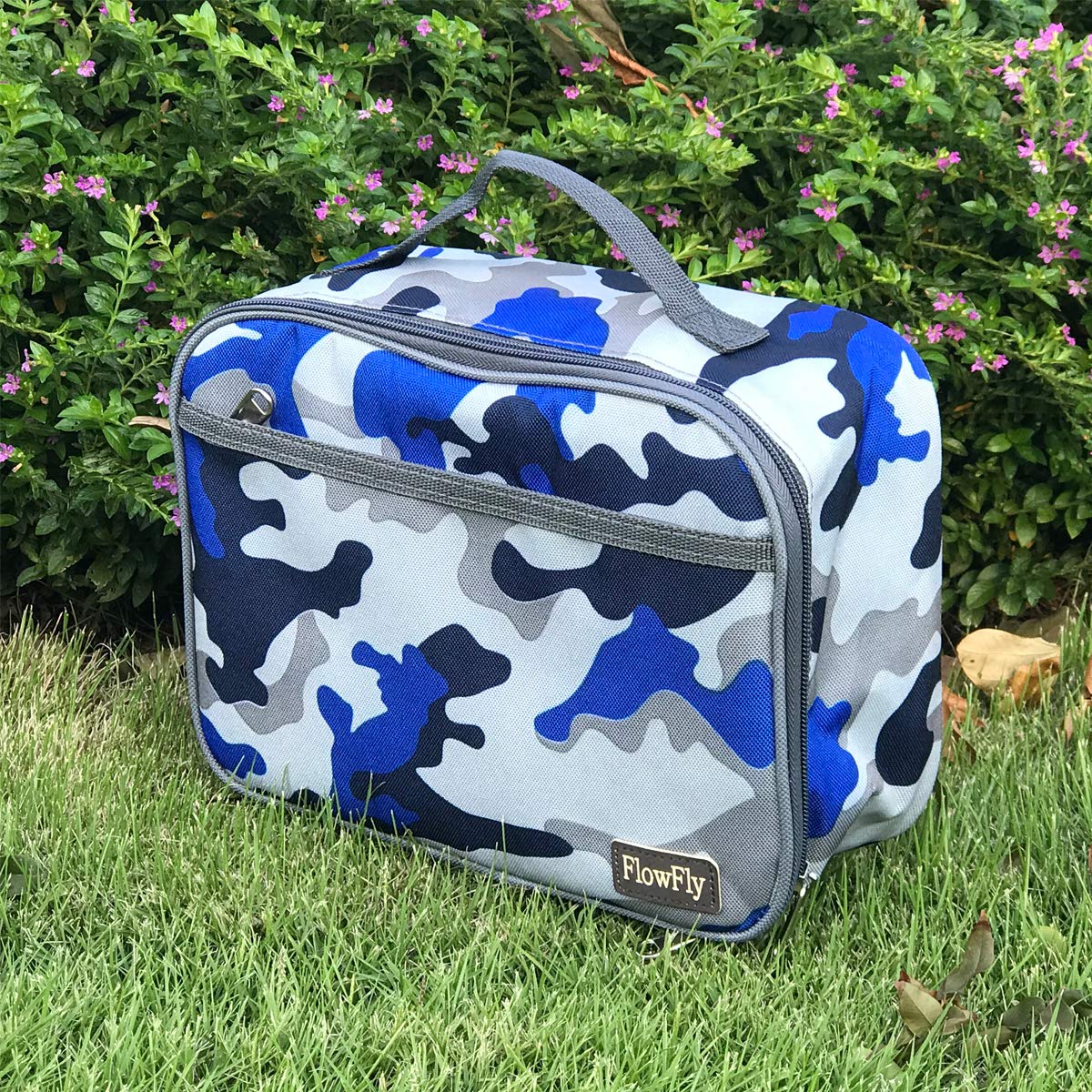 FlowFly compact blue camo lunch bag fits into a backpack and tote