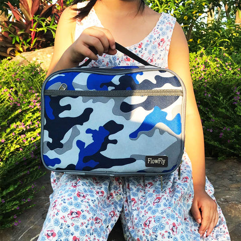 FlowFly blue camo lunch bag interior is easy to wipe clean