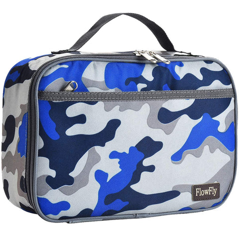 FlowFly kids lunch bag blue camo with front pocket for quick snacks