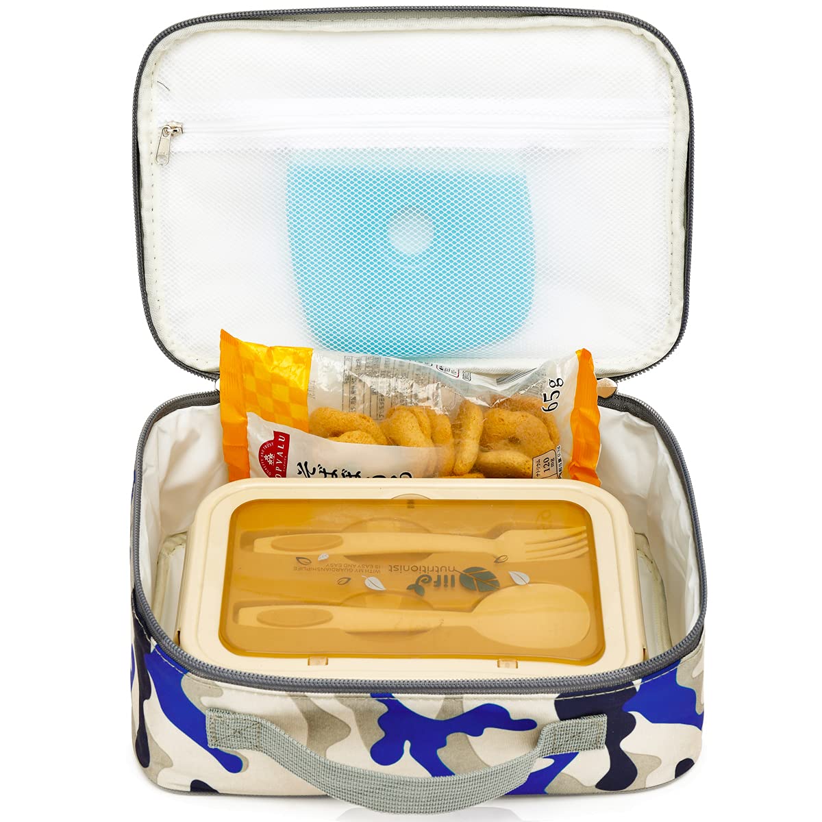 FlowFly blue camo lunch bag zipper closure for secure packing