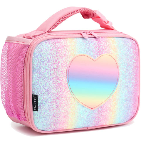 FlowFly Kids Lunch Box front view shows glitter rainbow design for school meals