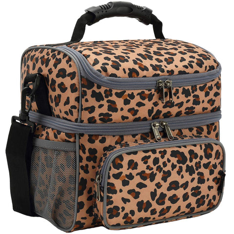 FlowFly Leopard lunch bag front view with dual compartments for organized meals