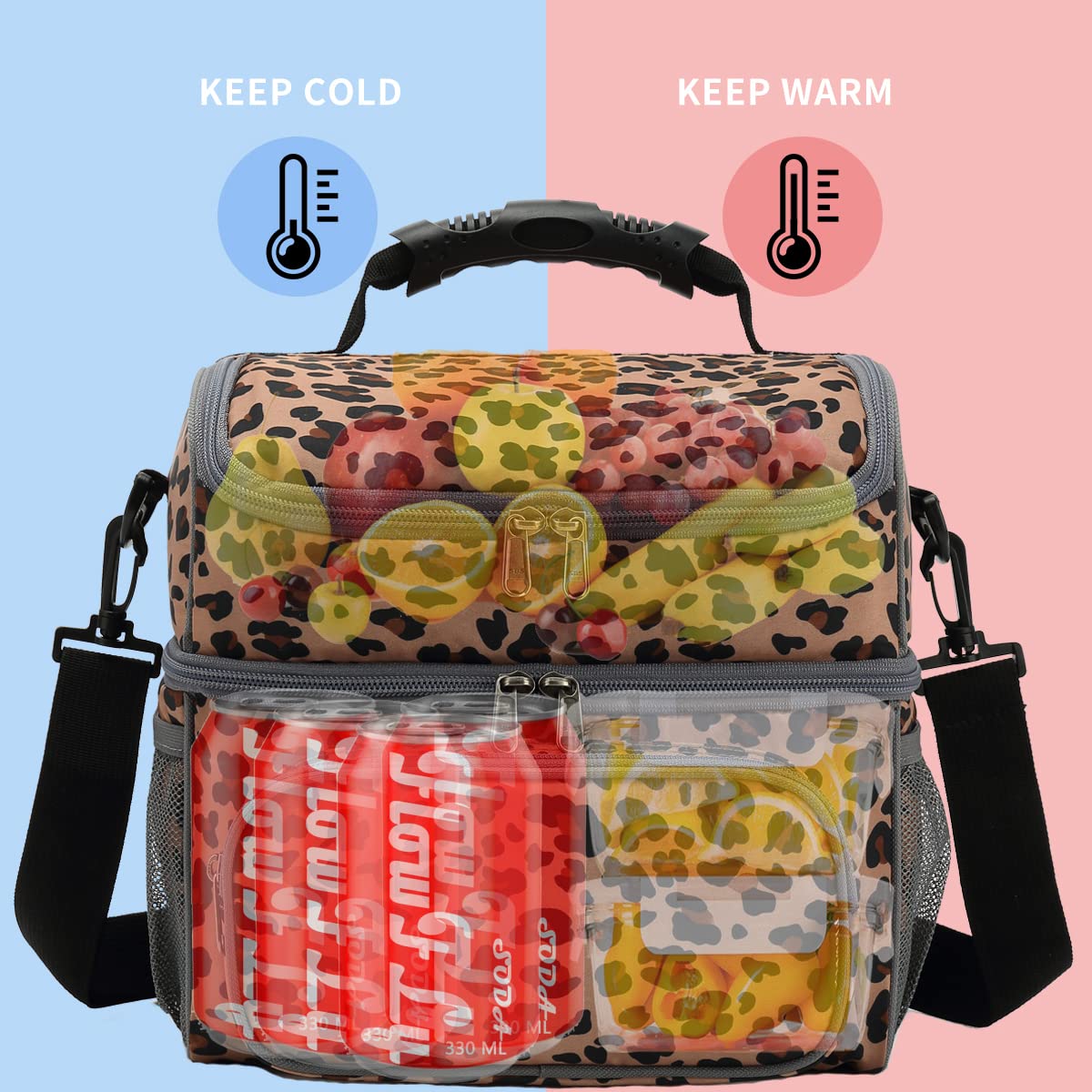 FlowFly Leopard cooler side view showing adjustable strap for crossbody wear