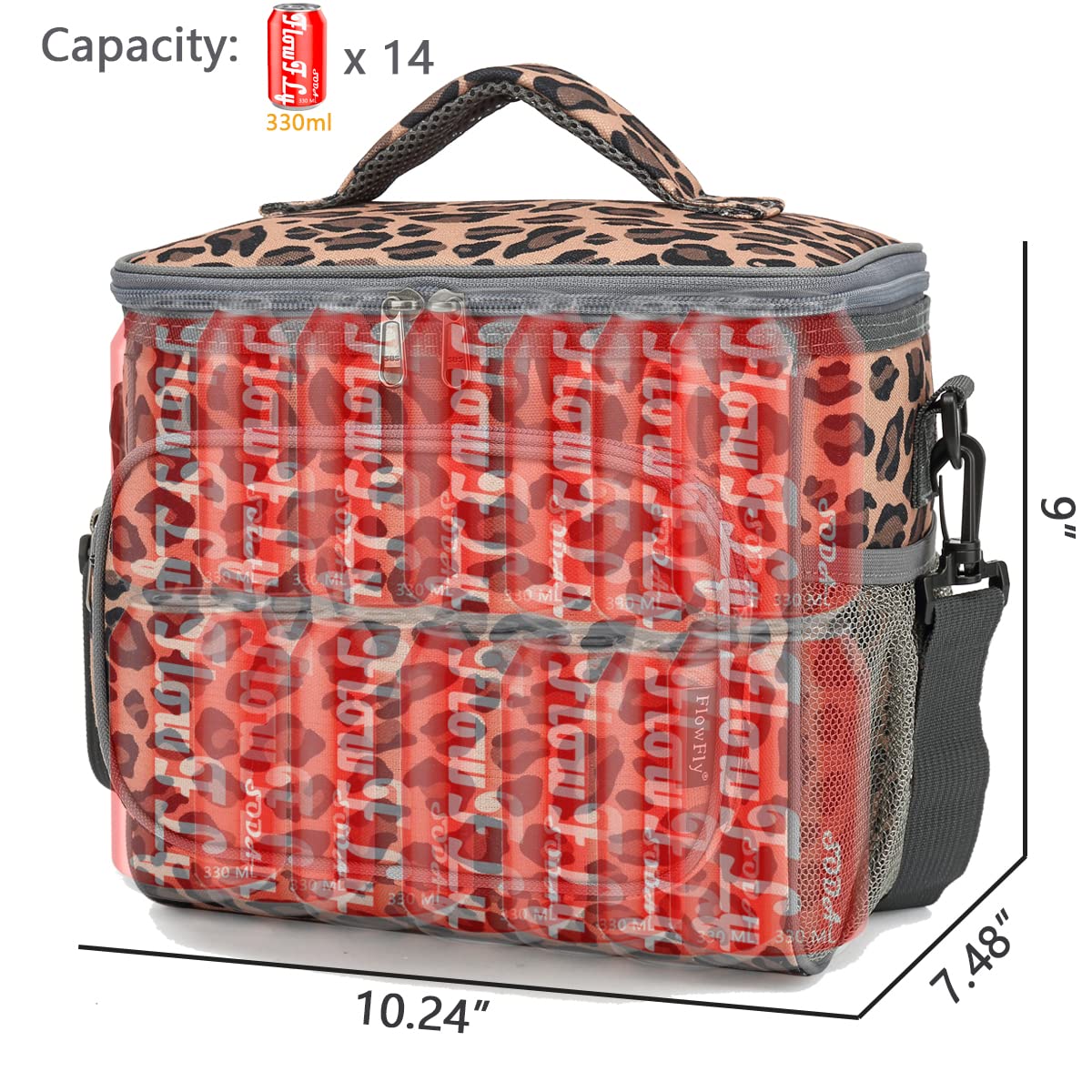 FlowFly Leopard lunch bag durable 600D polyester and PEVA lining for reliability.