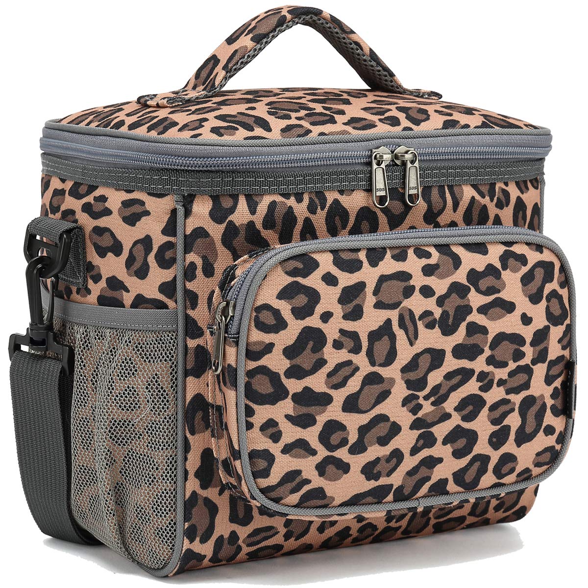 FlowFly Leopard lunch bag front pocket stores utensils and napkins for easy access.