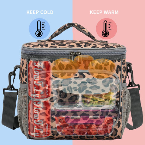 FlowFly Leopard lunch bag with dual mesh side pockets for drinks on the go.