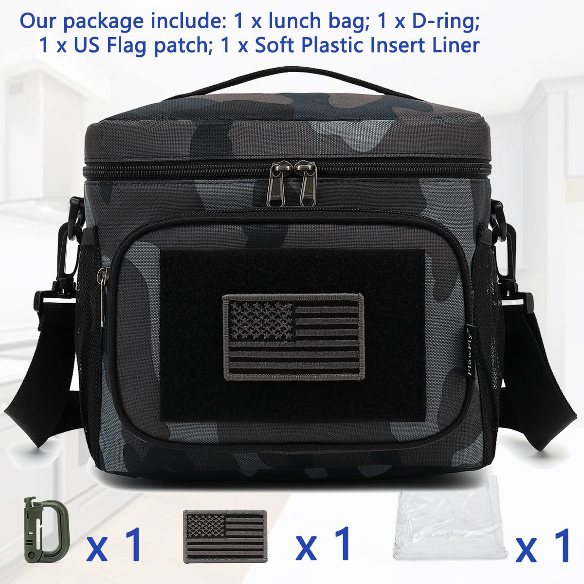 FlowFly lunch bag side mesh pockets keep utensils and napkins organized.