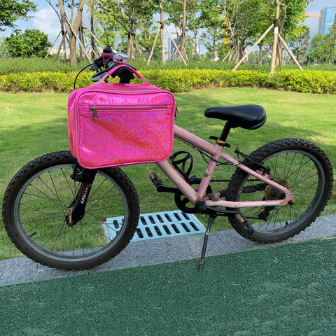 FlowFly pink kids lunch bag back view showing backpack compatibility.