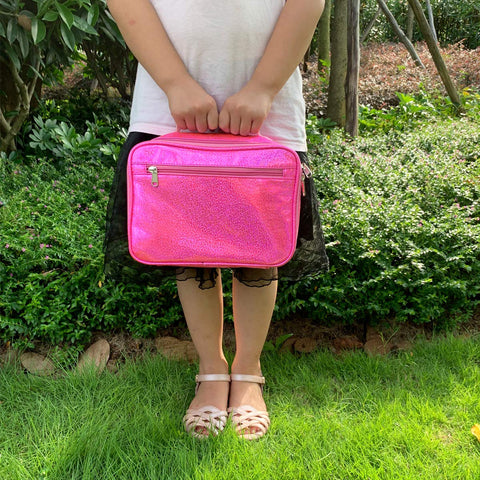 FlowFly pink kids lunch bag dimensions shown for portability and fit.