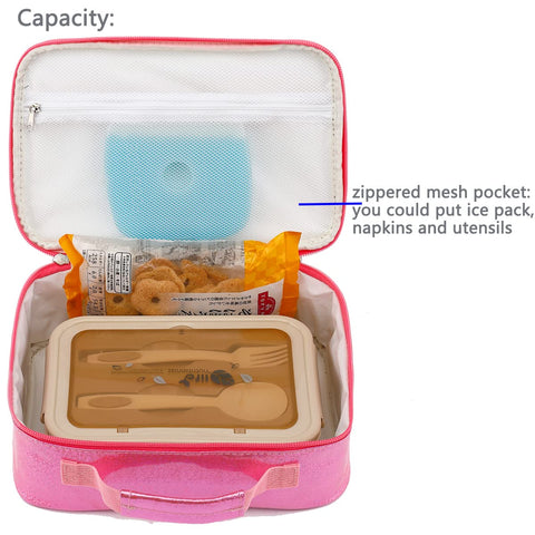 FlowFly pink kids lunch bag front pocket is ideal for a surprise treat.